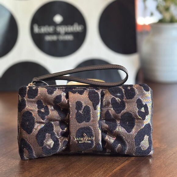Kate Spade Millie Bow Leopard Fabric Wristlet Clutch Black KE650 NWT $299 - Picture 1 of 4